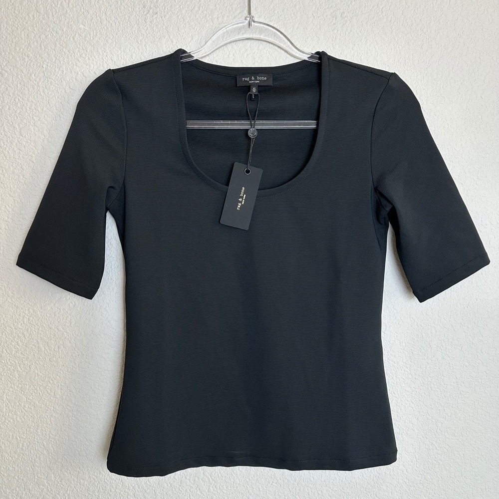 Rag & Bone Jackie Scoopneck‎ Top Black Ribbed Elbow Sleeve XS NEW